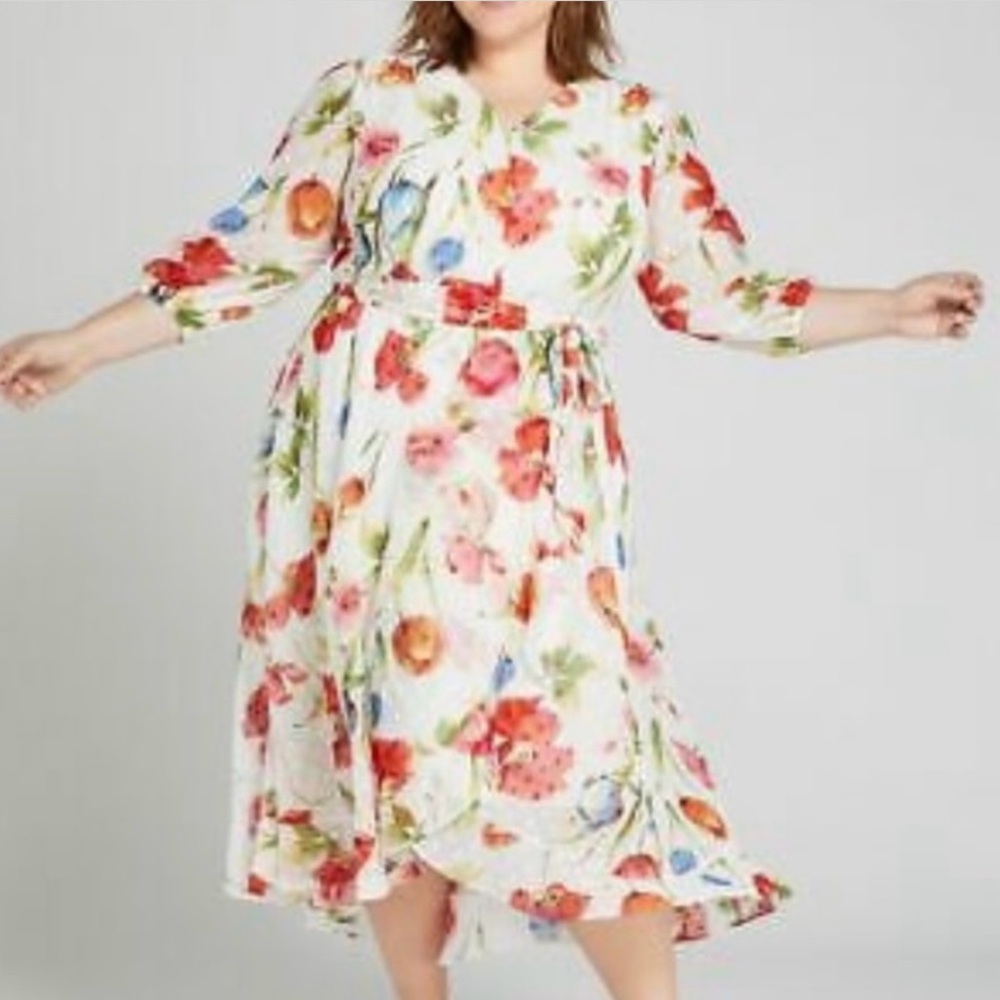 Lane Bryant 20 NWT Floral Dress Semi Sheer Faux Wrap Swiss Dot Ivory V Neck New
